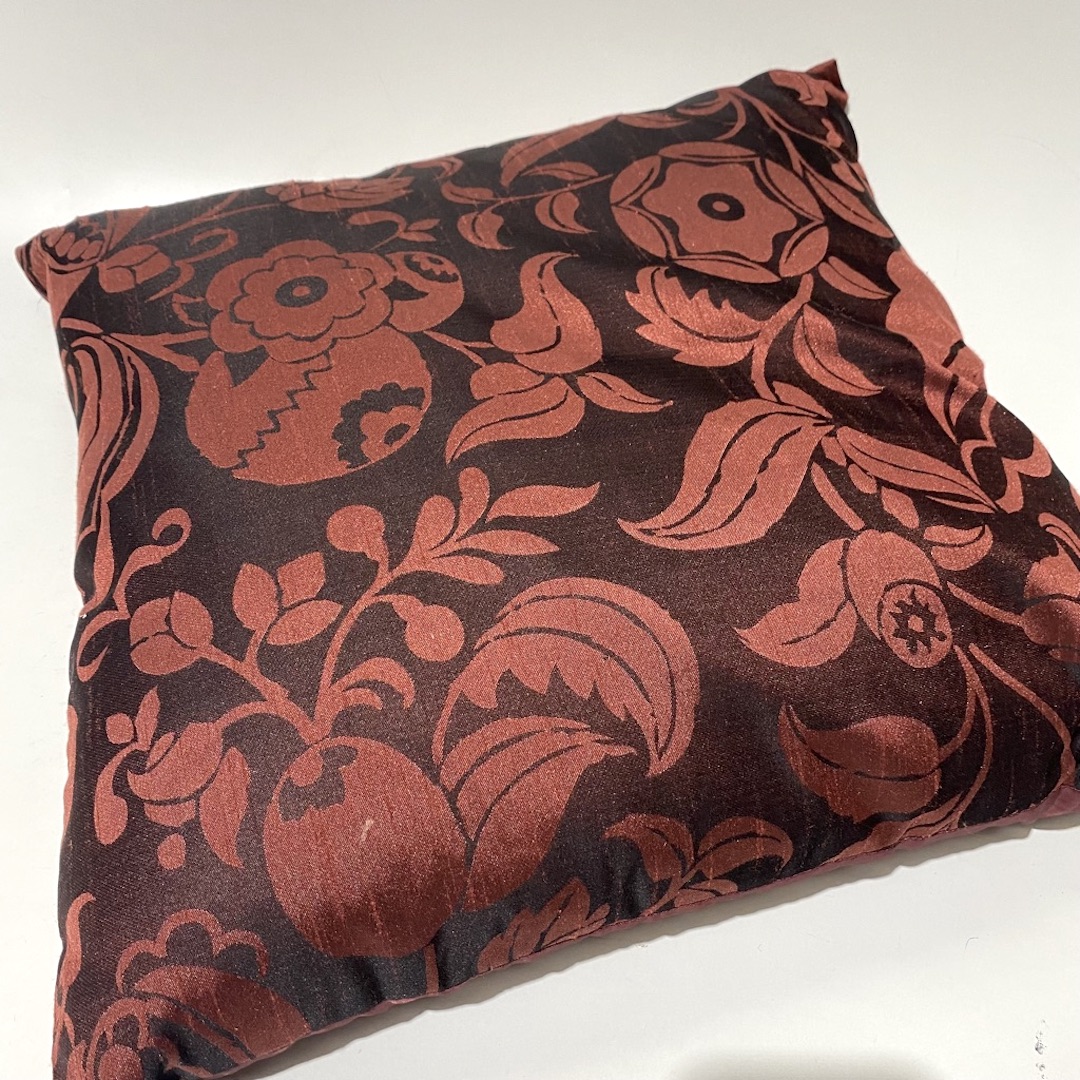 CUSHION, Brown Silk w Dusty Pink Floral Pattern